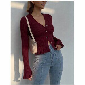 Commense Ribbed Ruffle Trim Cardigan Sweater Pearl Buttons V-Neck NEW NWT XS